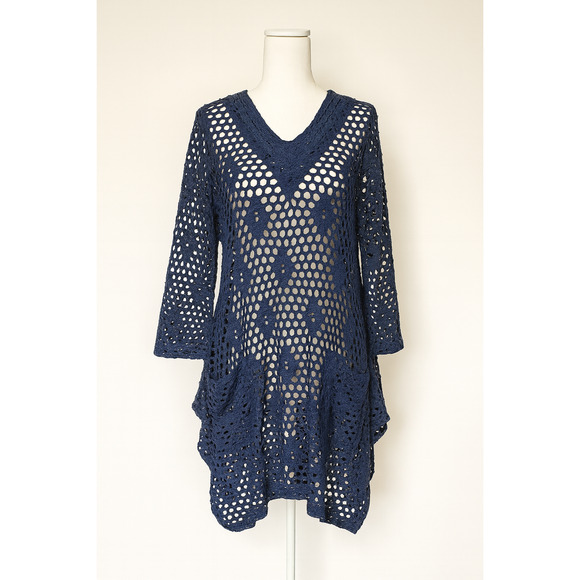 Sand & Spirit S Blue Crochet Pullover Boho Open Knit Sweater Tunic Artsy Chic - Picture 1 of 10